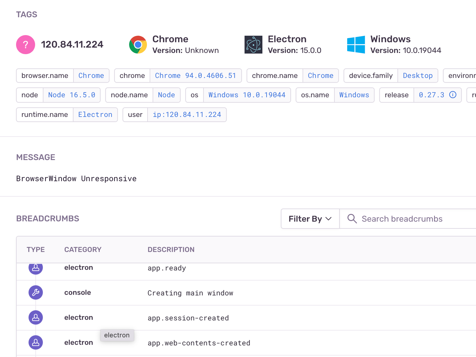 센트리(https://sentry.io) 충돌 보고의 스크린숏입니다. 오류 메시지('BrowserWindow Unresponsive'), 사용자 이동 경로, 사용자 정보를 표시합니다.